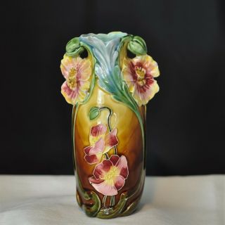 Antique French Majolica Three - Dimensional Vase Hand Painted High - Relief Floral