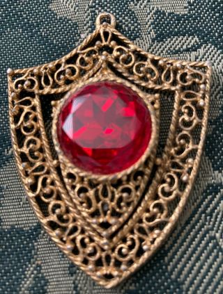 Large Vintage Red Faceted Glass Shield Crest Heraldic Design Pendant Necklace