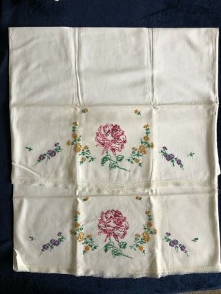 Vintage White Hand Embroidered Pillow Cases Flowers Lace Edge 20 " X 29 "