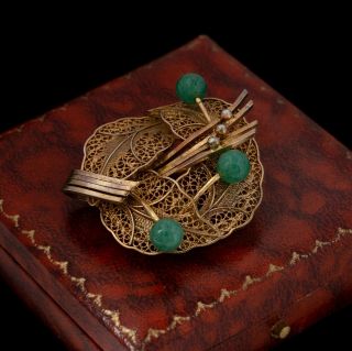 Antique Vintage Deco 925 Sterling Silver Gold Wash Chinese Aventurine Pin Brooch