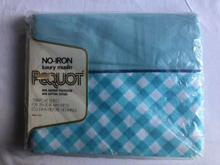 Vintage Pequot Twin Flat Sheet Blue & White Checkmates Nos 1