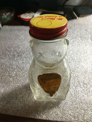 Dominos Vintage Cane Sugar Cinnamon Glass Jar Bottle Shaker Mr Bear Figural Bank