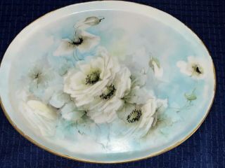 Antique Limoges T&v Hand Painted Porcelain Oval Tray White Roses & Gold Signed
