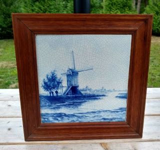 Antique Delft Joost Thooft Labouchere Tile Windmill 8 " X 8 ",  Wooden Frame 11 " X11 "