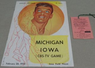 Vintage 1955 U Of Iowa Vs Michigan Basketball Program & Press Pass