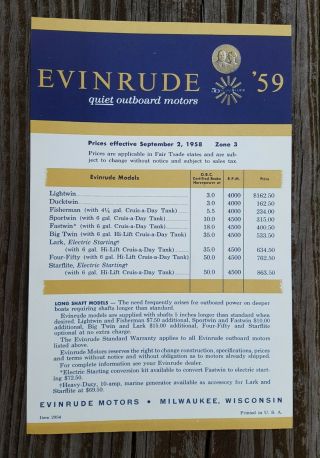 Vintage 1959 Evinrude Outboard Motor Boat Brochure Price List Zone 3