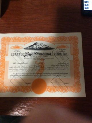 Seattle Rainier Baseball Club Stock Certificate Seattle Washington Pacific Coast
