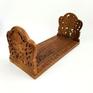 Vintage Hand Carved Wood Book Ends Folding & Expanding Decorative Made In India
