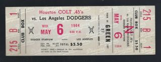 Vintage 1964 Mlb Houston Colt 45s @ La Dodgers Baseball Full Ticket