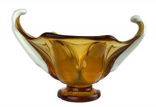 Gorgeous Vintage Amber & White Hand Blown Art Glass Candy Dish Aladdin 