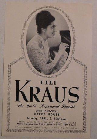 Lili Kraus Rare Classical Handbill Sf Opera House April 2 Piano Pianist Vintage