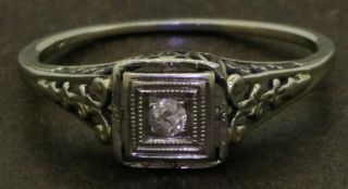 Antique 18k White Gold 0.  08ct Diamond Filigree Solitaire Ring Size 7