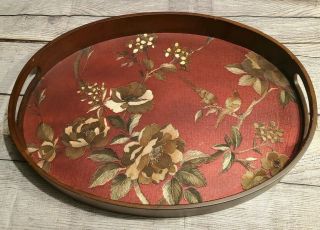 Antique Mahogany Wooden Ware Oval Serving Tray 2 Handles Tea Butlers Bird Fabric