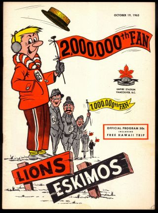 1963 October 19 Cfl Football B C Lion Vs Edmonton Eskimos Unmarked Nm Program