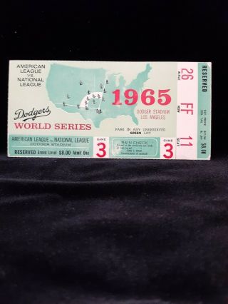 1965 La Dodgers World Series Ticket Stub Game 3 (green Version) Koufax Pitching