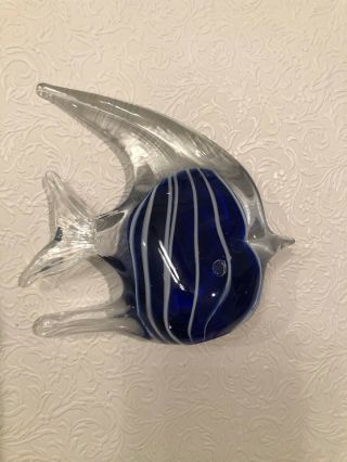 Vintage Murano Art Glass Angel Fish Figurine Paperweight,  Blue W/white Stripes