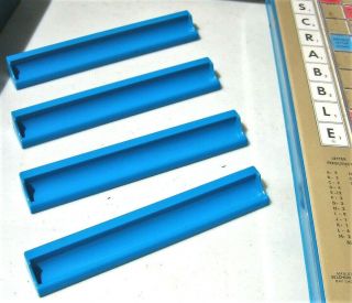 4 Vintage Scrabble Deluxe Tile Rack Blue Plastic Selchow Righter 1977 Set Of 4