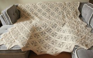 Vintage Handmade Lace Crochet Acrylic Blanket Afghan Cream Solid Granny 86 X 88