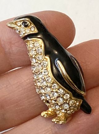Vintage Swan Signed Swarovski Crystal Black Enamel Gold Tone Penguin Brooch Pin