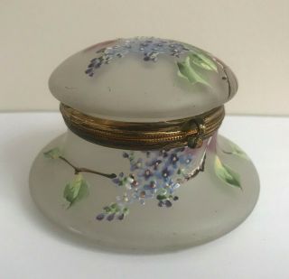 Dresser Jar Hand Painted Floral Enamel Satin Glass Lidded Antique
