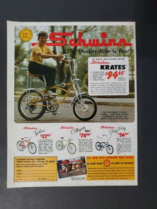 1970 Schwinn Lemon Peeler Krate Sting Ray,  Typhoon,  Collegiate Bicycles Bike Ad
