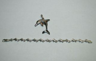 Vintage Sterling Silver Dolphin Pendant And Bracelet 7 1/4 Inches