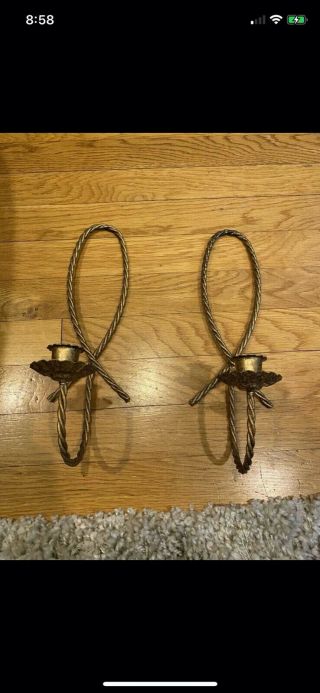 Pair Vtg Home Interior Gold/black Metal Twisted Rope Candle Holders Wall Sconces