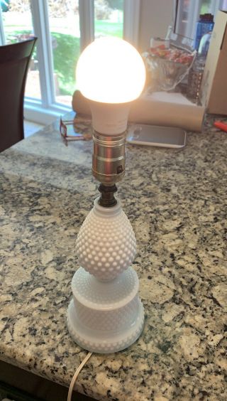 All Glass & Brass Vintage White Hobnail Milk Glass Table / Bedroom Lamp No Shade
