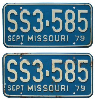 Vintage Missouri 1979 License Plate Pair,  Ss3 - 585,  Dmv Clear,  Yom