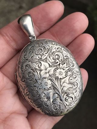 Large Antique Victorian /edwardian Sterling Silver Photo Locket Necklace Pendant