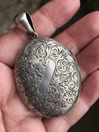 Large Antique Victorian /Edwardian Sterling Silver Photo Locket Necklace Pendant 2