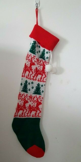Vintage Knit Christmas Stocking - Red White Green Reindeer