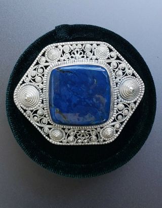 Antique /vintage Etruscan 800 Silver Lapis Lazuli Brooch Pin