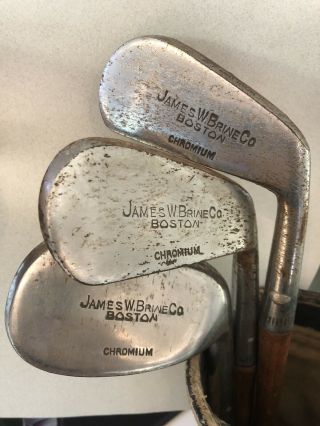 Antique James W.  Brine Co.  Boston Chromium Wood Shafted Golf Clubs & Bag 2