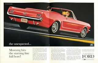 1964 Red Ford Mustang Convertible Photo " The Unexpected " 2 - Page Vintage Print Ad