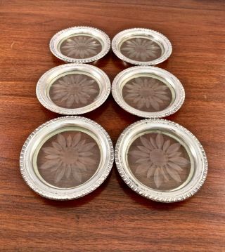 (6) Frank M.  Whiting Sterling Silver & Glass Coasters: Floral No Monograms