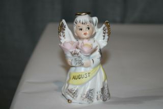 Vintage Enesco August Angel Of The Month Figurine W Pink Flowers
