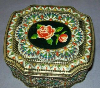 Vintage Hinged Tin Box Container With Rose On Lid - Made In England