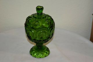 Vintage Green Scallop Rim Moon And Stars Pedestal Candy Dish W Lid Art Deco Exc