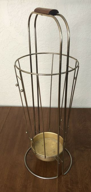 Atomic 60’s Mid Century Modern Metal Umbrella Stand Wood Handle Vintage Ball Orb