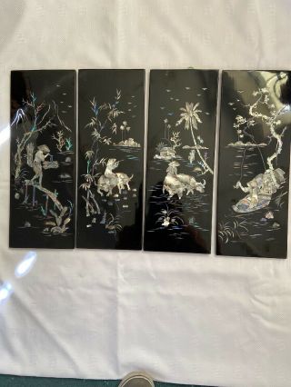 A Set Of 4 Vintage Vietnamese Black Laquered Mother Of Pearl Wall Panels Picture