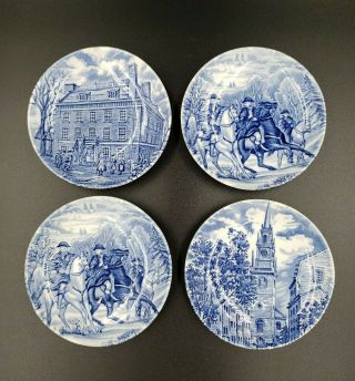 Vintage Set Of 4 Liberty Blue Historic Colonial Scenes 4.  25” Mini Plates