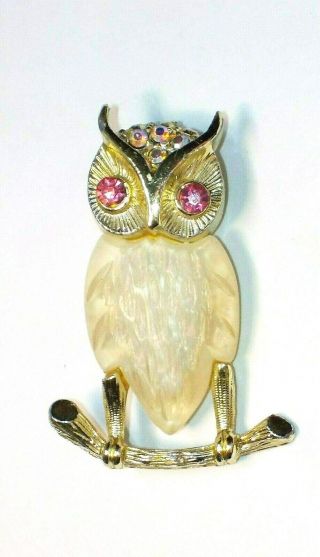 Vintage Owl Pin Pink Rhinestone Eyes Gold Tone Setting Aurora Borealis Accents