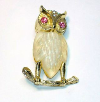 Vintage Owl Pin Pink Rhinestone Eyes Gold Tone Setting Aurora Borealis Accents 2
