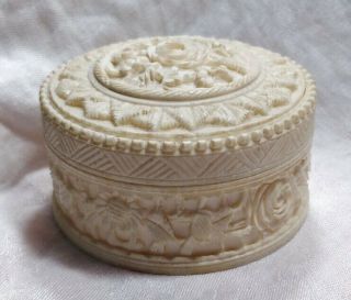 Antique Carved Bovine Bone Round Trinket Box Vintage Rose Motif 3 "