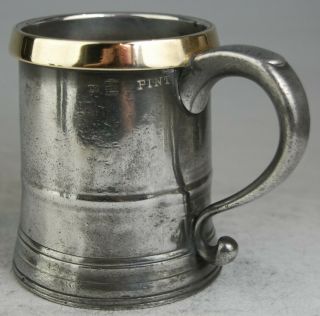 Fine Heavy Antique Brass Rimmed Pewter Pint Tankard Mug Measure By Blake C1900