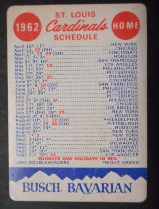 1962 St Louis Cardinals Baseball Pocket Schedule Bush Bavarian Beer