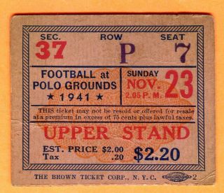 Vintage/pre - World War Ii.  11/23/41 Giants/redskins Football Ticket Stub