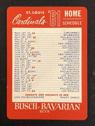 1961 St.  Louis Cardinal Baseball Schedule Busch Bavarian Beer