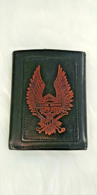 Vintage Harley Davidson Leather Trifold Wallet Snap Black/orange Freedom Machine